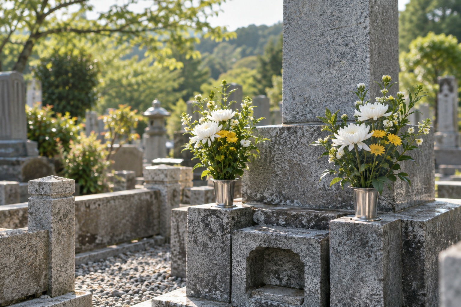 やわらかな日差しのなか、白と黄色の花を供えたお墓のイメージ